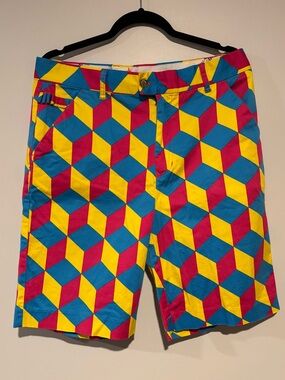 Royal and Awesome Geometric golf Shorts in Blue, Yellow & Pink